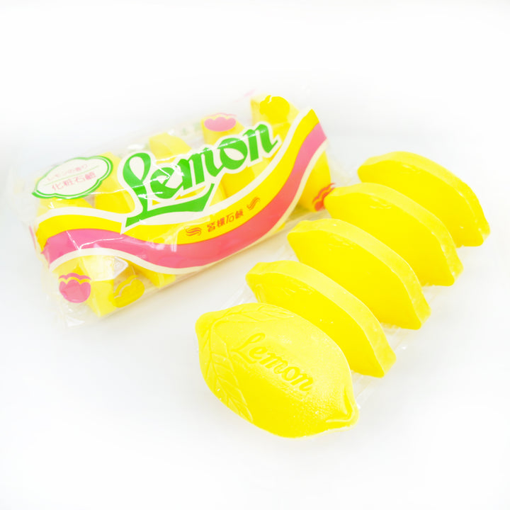 レモン石けん５コ包｜懐かしの昭和レトロ石鹸。裏には「皆様石鹸」の刻印。